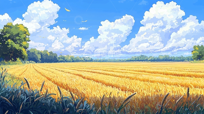 高清大图下载【趣麦麦图】晴朗天空下的金黄麦田