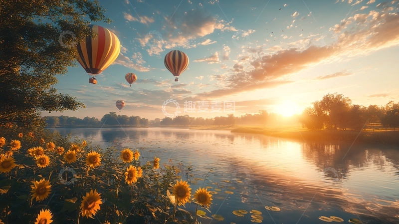 高清大图下载【趣麦麦图】日出时分的热气球飞行
