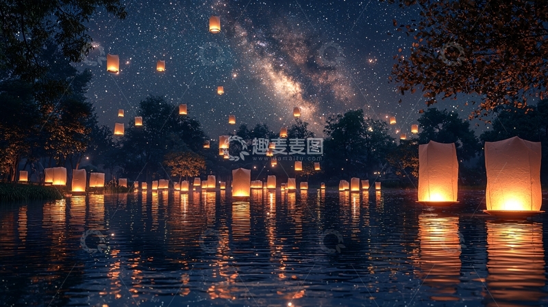 高清大图下载【趣麦麦图】水面上的灯笼
