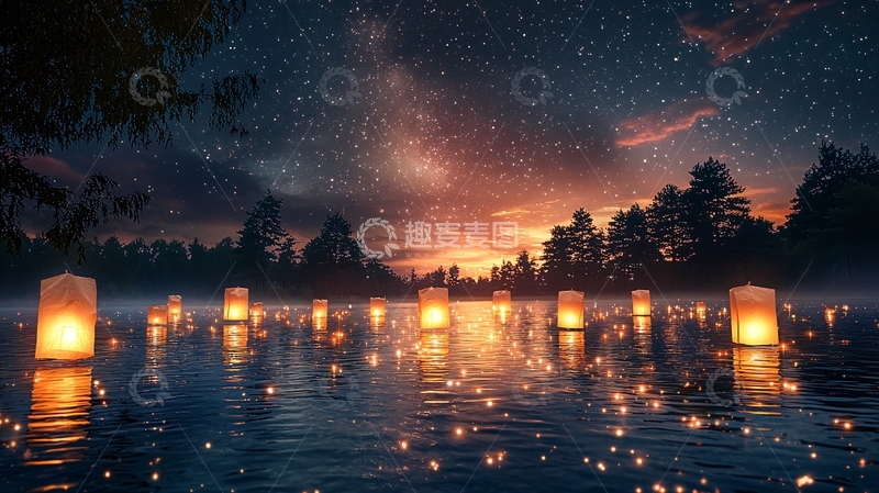 高清大图下载【趣麦麦图】湖面漂浮的灯笼