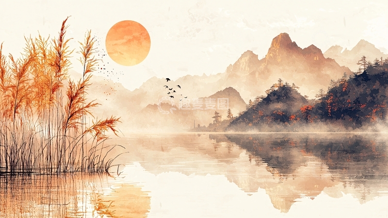 高清大图下载【趣麦麦图】水墨山水意境芦苇