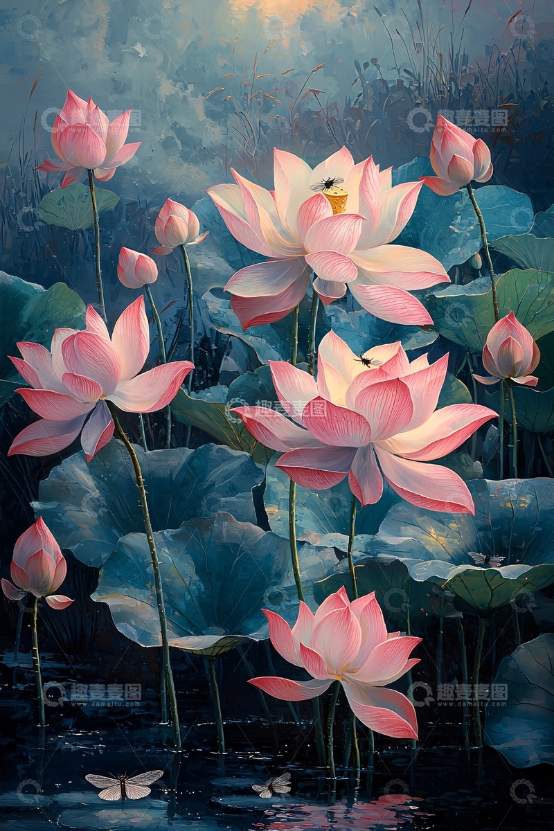 高清大图下载【趣麦麦图】粉色荷花油画风格插图