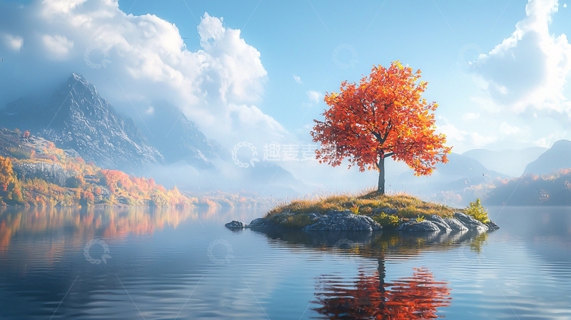 高清大图下载【趣麦麦图】湖中孤岛上的秋日树木