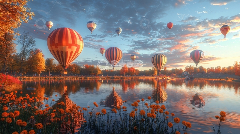 高清大图下载【趣麦麦图】热气球飞过湖面秋景