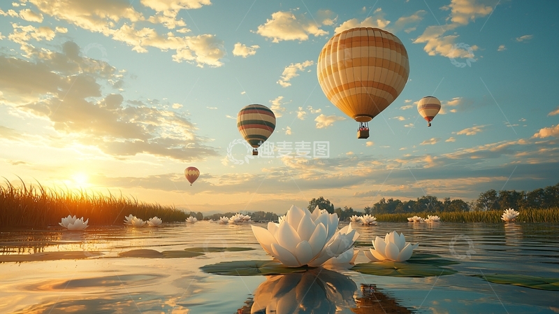 高清大图下载【趣麦麦图】热气球日出水上莲花