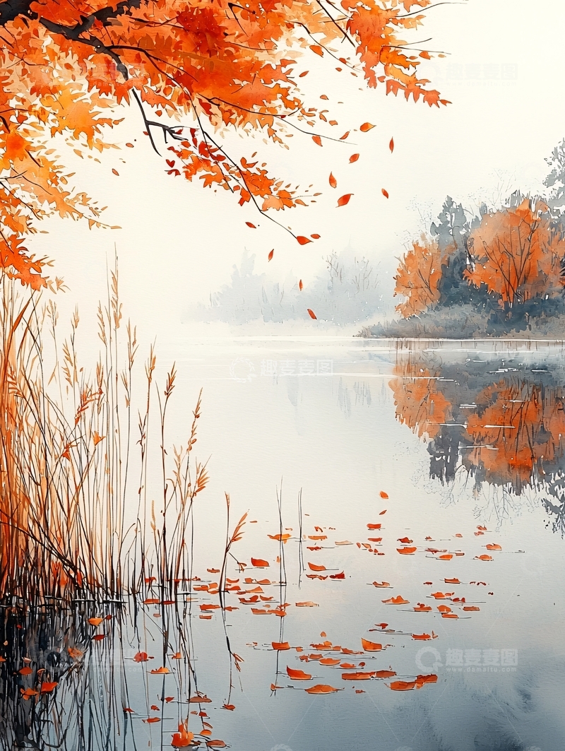 高清大图下载【趣麦麦图】秋日湖畔落叶静谧