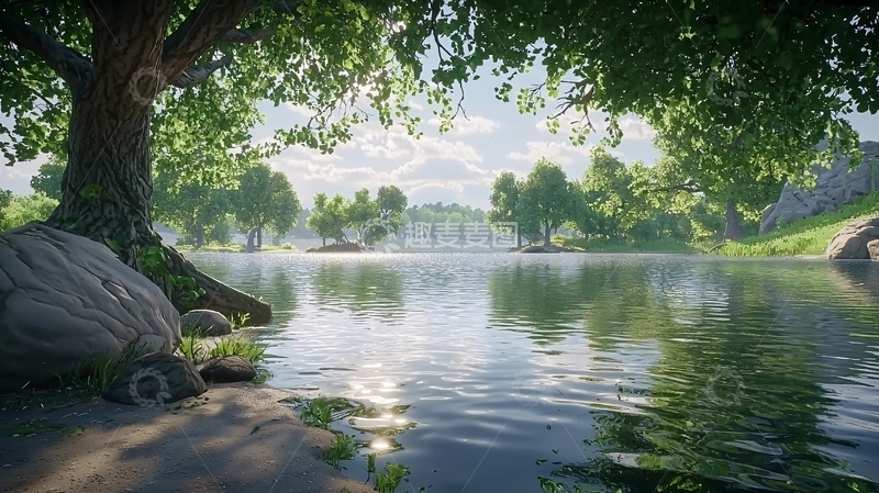 高清大图下载【趣麦麦图】湖边树荫下的宁静景色
