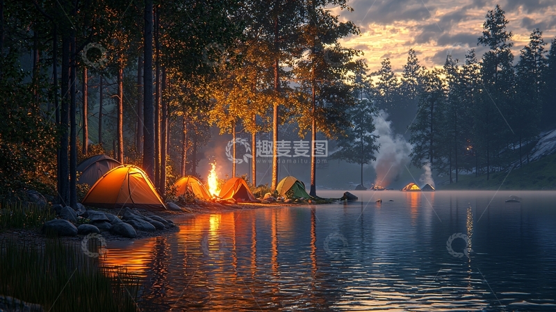 高清大图下载【趣麦麦图】湖边营地篝火日落氛围