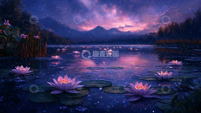 高清大图下载【趣麦麦图】紫色荷花湖面星空