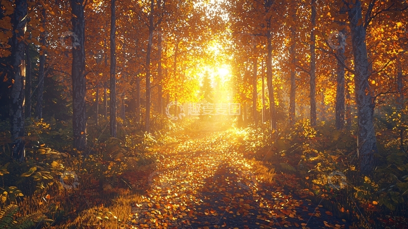 高清大图下载【趣麦麦图】金色阳光穿过森林的唯美景象