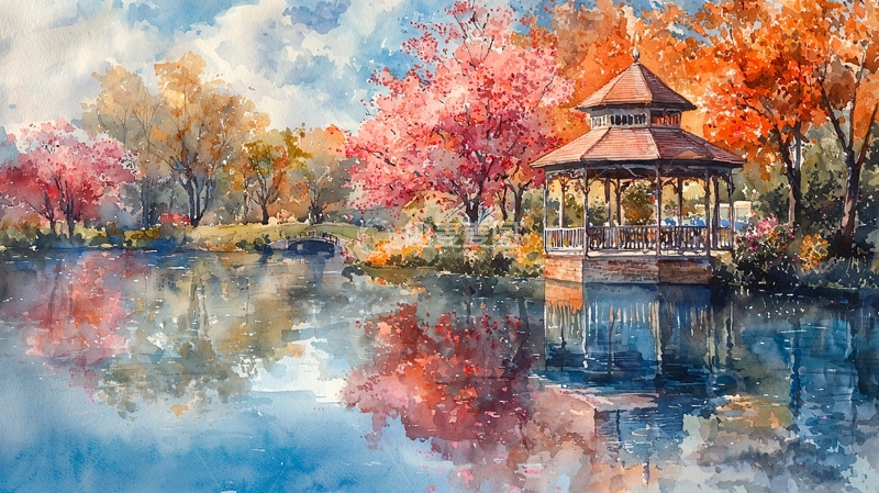 高清大图下载【趣麦麦图】秋日湖畔凉亭美景