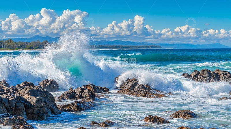 高清大图下载【趣麦麦图】碧海蓝天巨浪拍岸