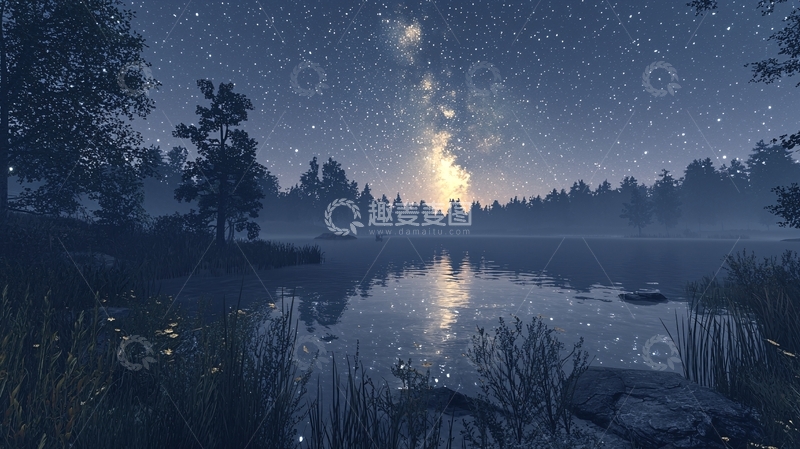 高清大图下载【趣麦麦图】宁静星空下的湖面