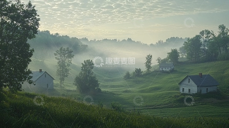 高清大图下载【趣麦麦图】雾气缭绕的山村清晨