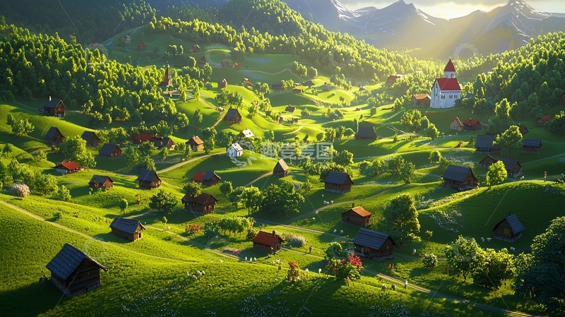 高清大图下载【趣麦麦图】绿色山丘上的村庄