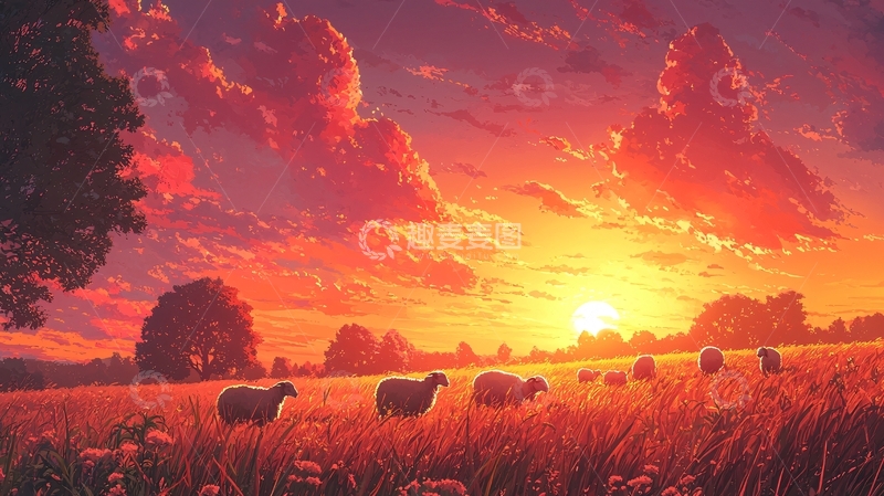 高清大图下载【趣麦麦图】夕阳下的绵羊牧场