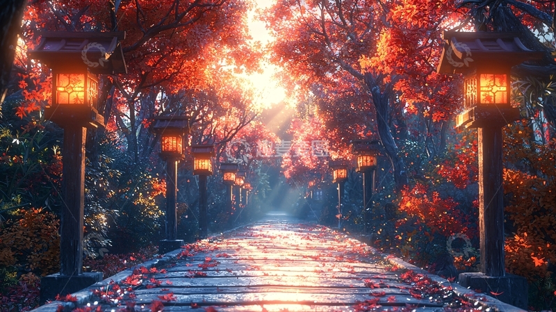 高清大图下载【趣麦麦图】秋日红叶小路灯笼