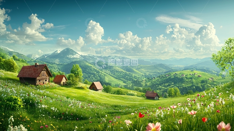 高清大图下载【趣麦麦图】山间木屋田园风光