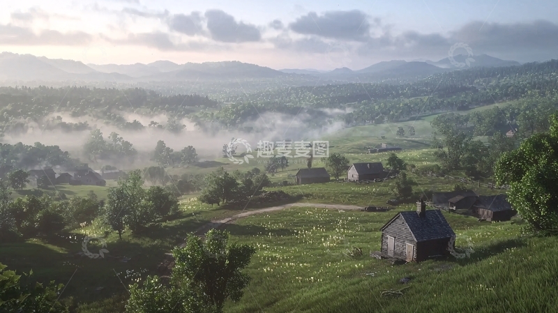 高清大图下载【趣麦麦图】山峦环绕的雾气村庄
