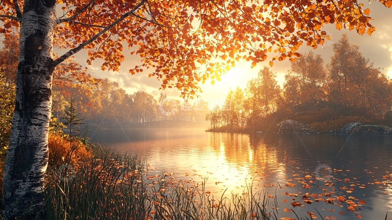 高清大图下载【趣麦麦图】秋日湖边树林景色