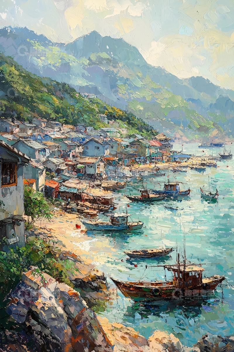 高清大图下载【趣麦麦图】海边渔村的油画风景