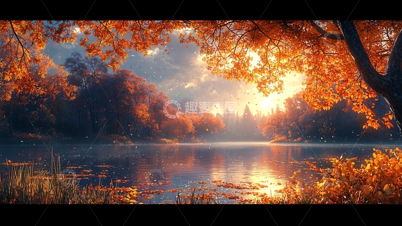 高清大图下载【趣麦麦图】秋日湖畔橙色树林景色