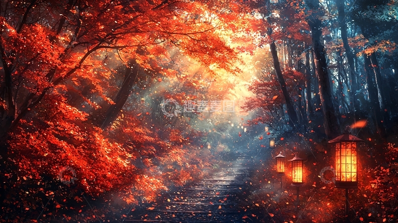 高清大图下载【趣麦麦图】秋日森林红色树叶灯笼