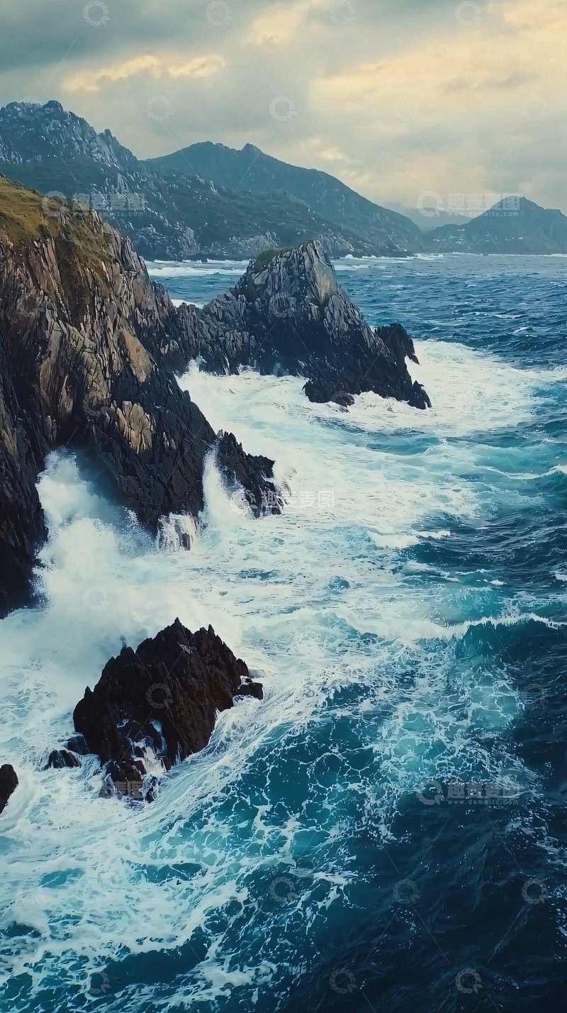 高清大图下载【趣麦麦图】海浪拍打岩石峭壁
