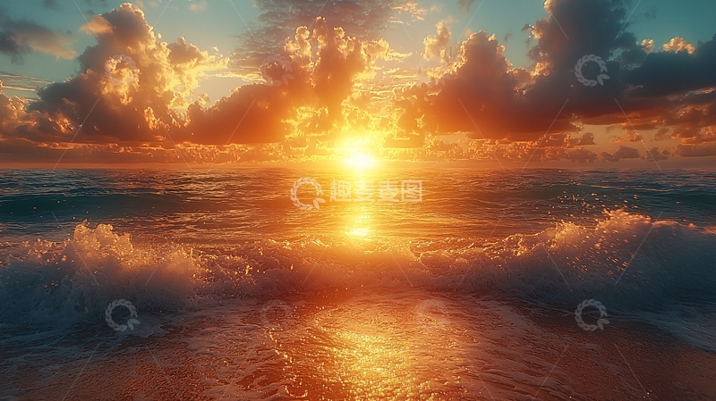 高清大图下载【趣麦麦图】金色海面日落时分的壮丽景色