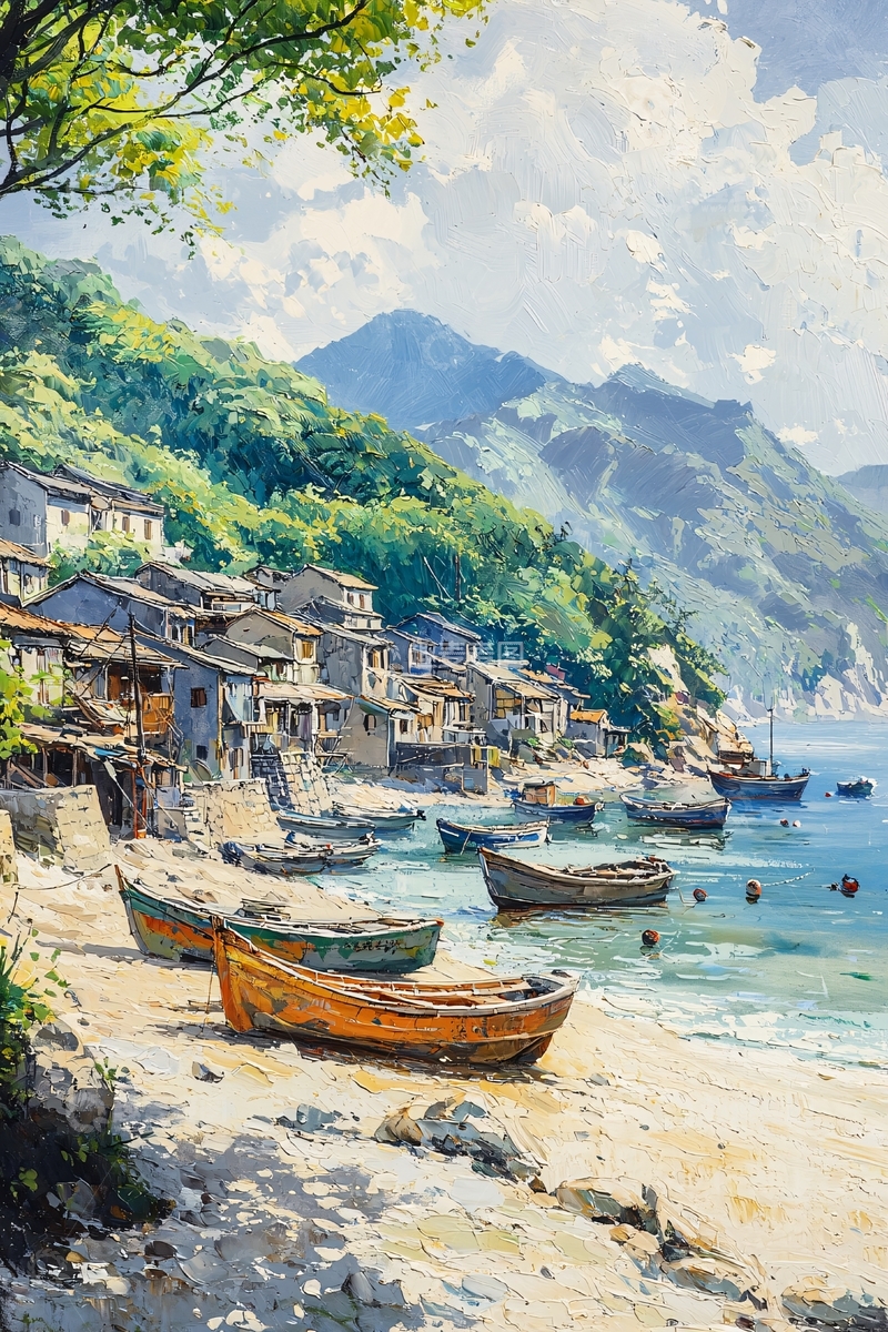 高清大图下载【趣麦麦图】海边村落渔船水彩风景