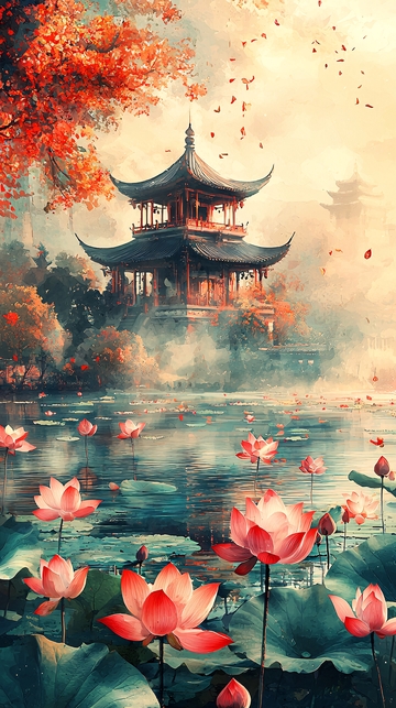 古风建筑荷花唯美意境