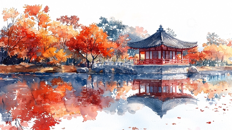 高清大图下载【趣麦麦图】秋日湖畔的亭台楼阁