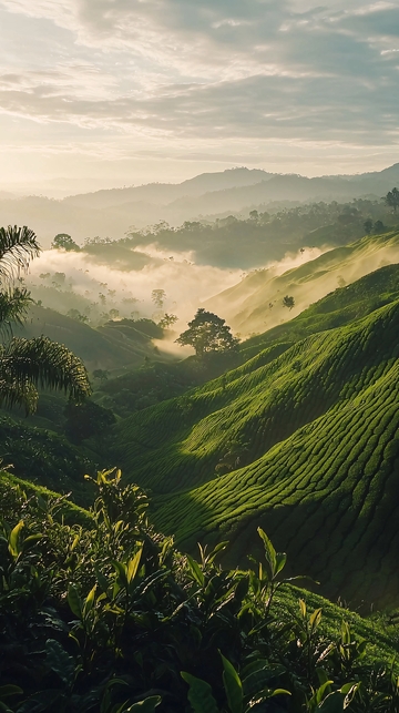 晨雾缭绕的山峦茶园