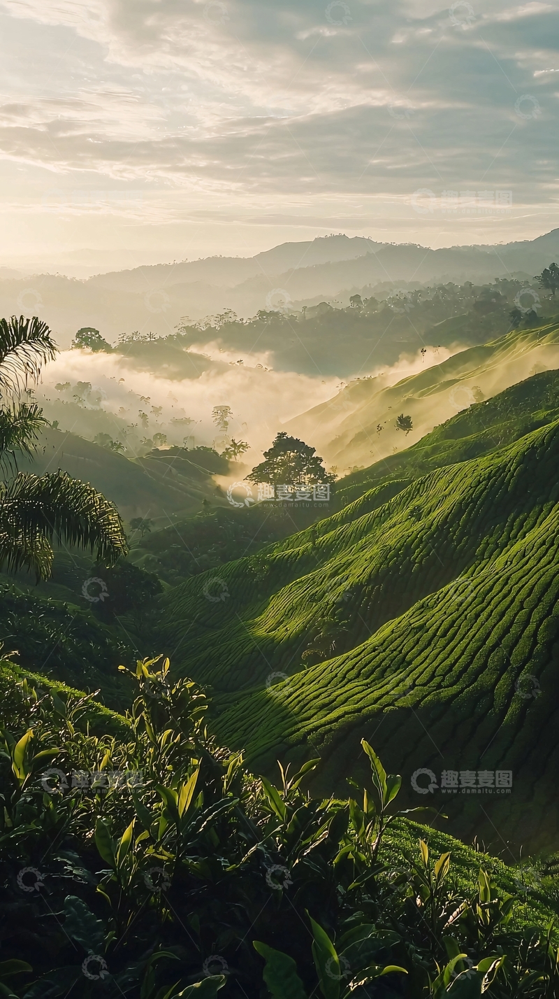 高清大图下载【趣麦麦图】晨雾缭绕的山峦茶园
