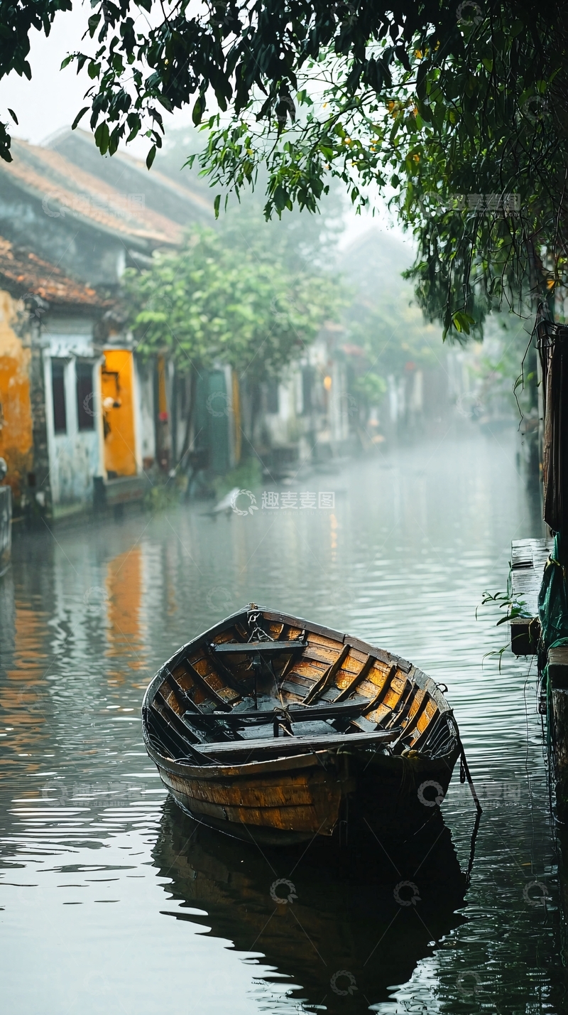 高清大图下载【趣麦麦图】小船停泊在雾气笼罩的河道