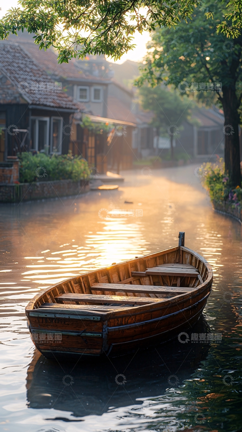 高清大图下载【趣麦麦图】清晨小镇河流上的小船