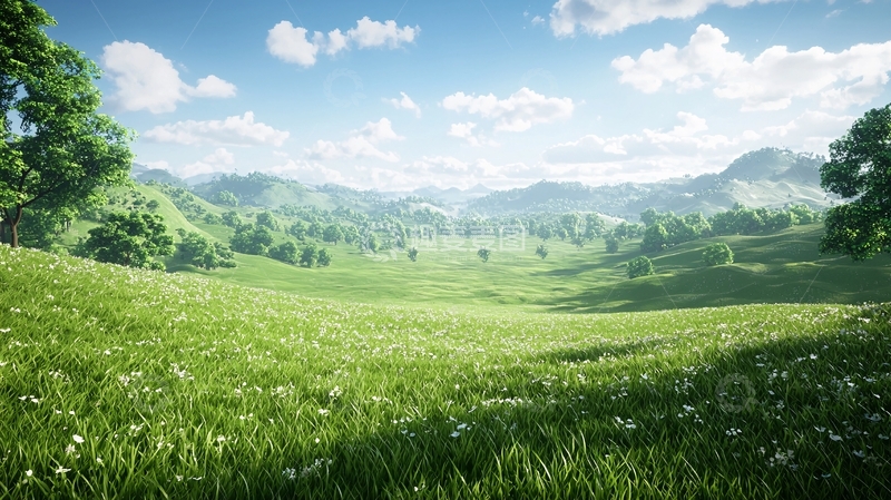 高清大图下载【趣麦麦图】阳光明媚的绿草山谷