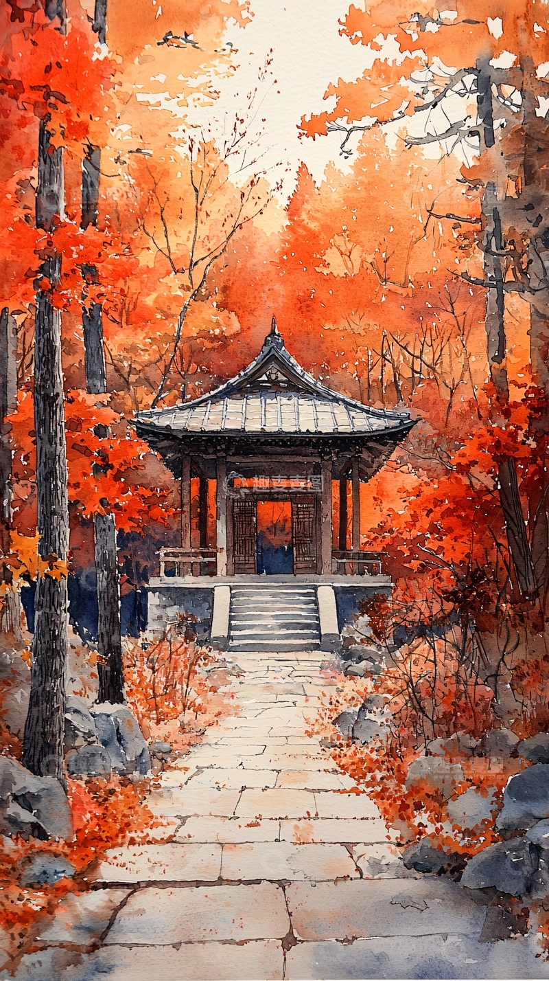 高清大图下载【趣麦麦图】秋日亭台楼阁水彩