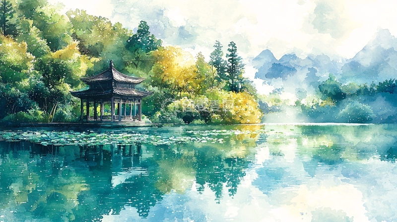 高清大图下载【趣麦麦图】湖边亭台水天一色