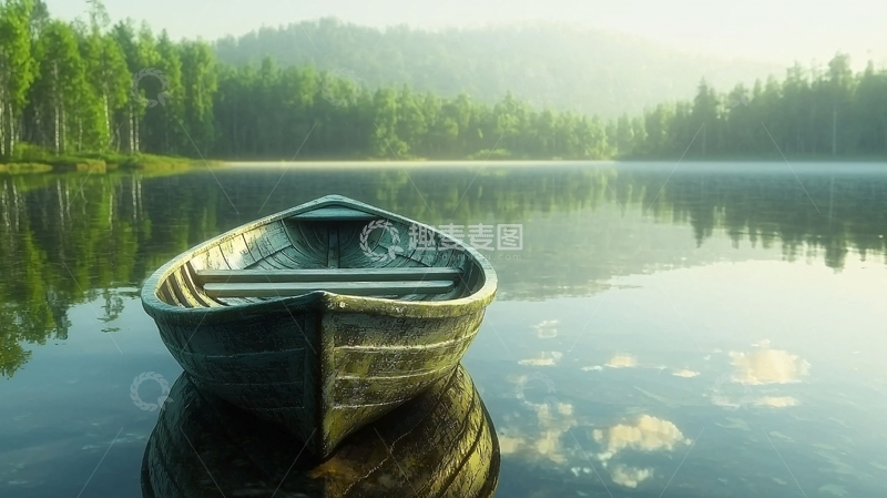 高清大图下载【趣麦麦图】平静湖面上的小船