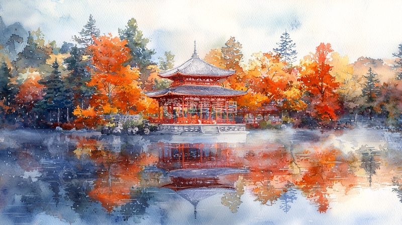 高清大图下载【趣麦麦图】秋色湖畔的日式寺庙