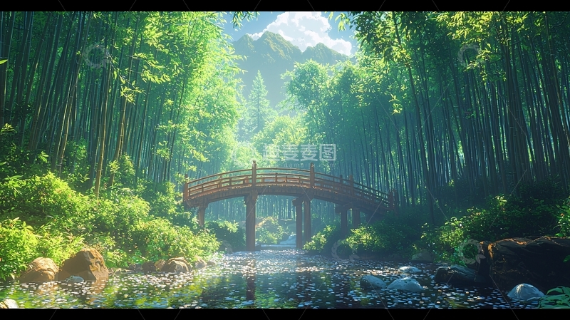高清大图下载【趣麦麦图】绿意盎然的竹林小桥