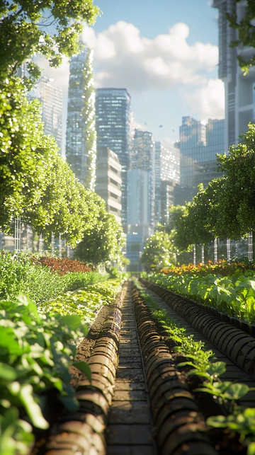 绿植环绕的未来都市街道