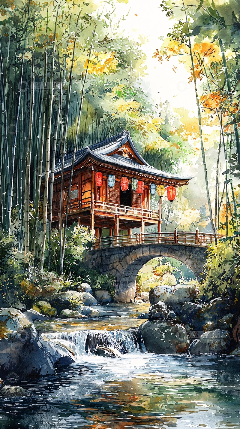 高清大图下载【趣麦麦图】竹林中的日式小屋