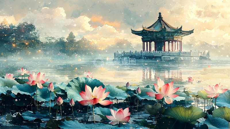 高清大图下载【趣麦麦图】亭台楼阁荷花池塘水墨风格