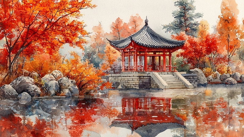 高清大图下载【趣麦麦图】秋日水边亭台楼阁景色