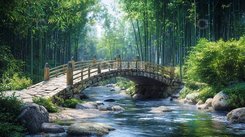 高清大图下载【趣麦麦图】绿意盎然的竹林小桥