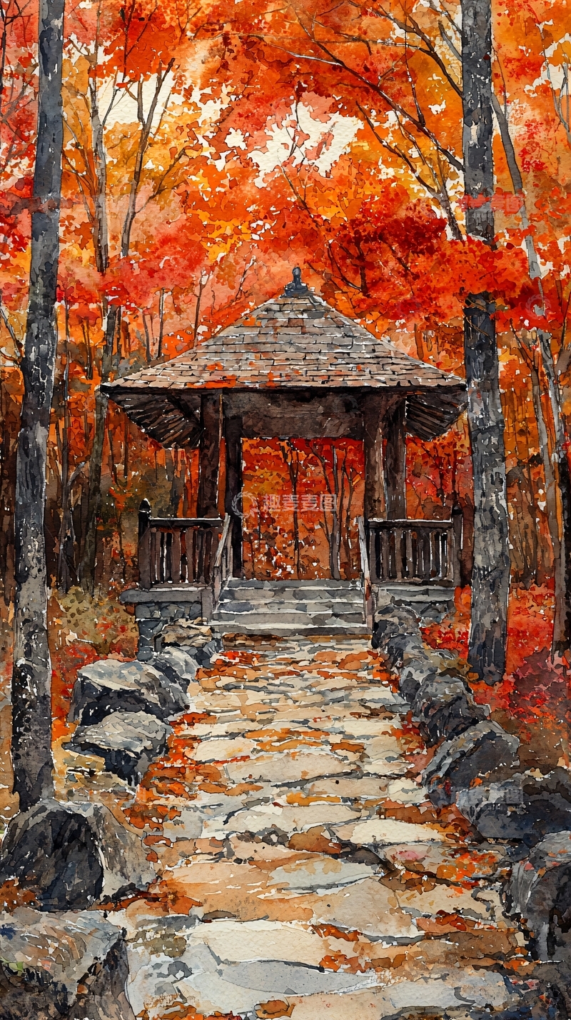 高清大图下载【趣麦麦图】秋日凉亭水彩画