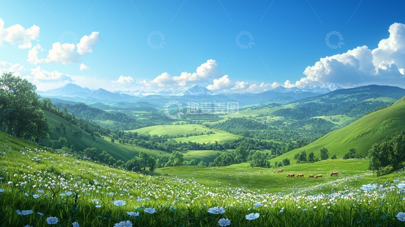 高清大图下载【趣麦麦图】阳光明媚的山谷田园风光