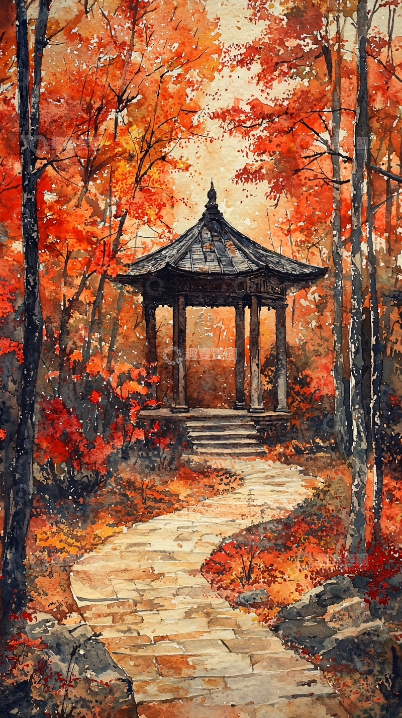 高清大图下载【趣麦麦图】秋日红叶亭台小路